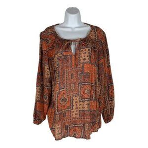 Ruff Hewn 1X Boho-Style Orange & Beige Cotton Peasant Top With Tie Neckline